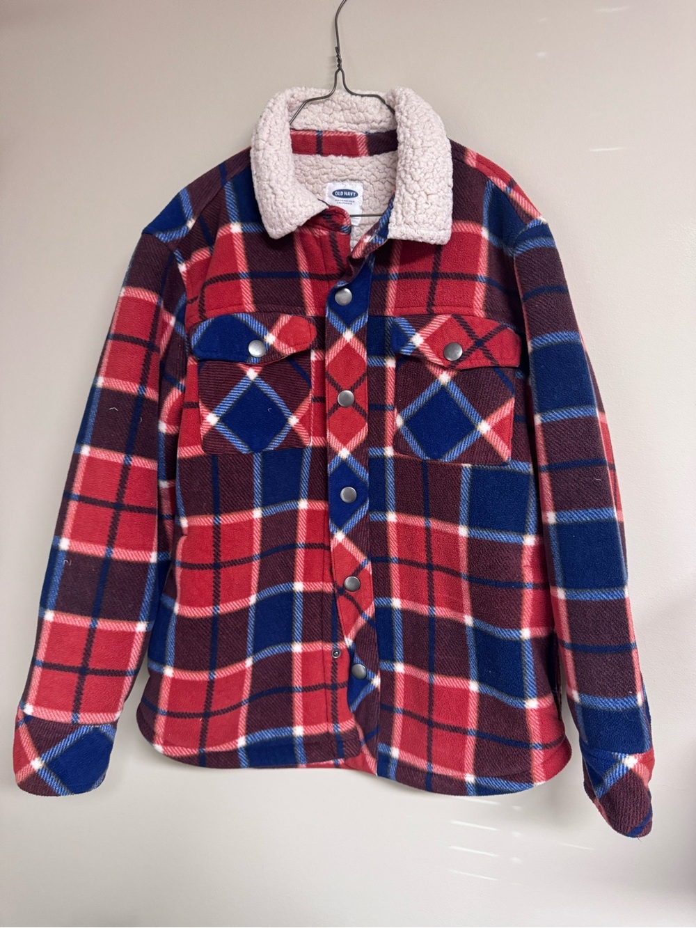 Old Navy Red and Blue Plaid Sherpa Collar Button-Up Jacket
